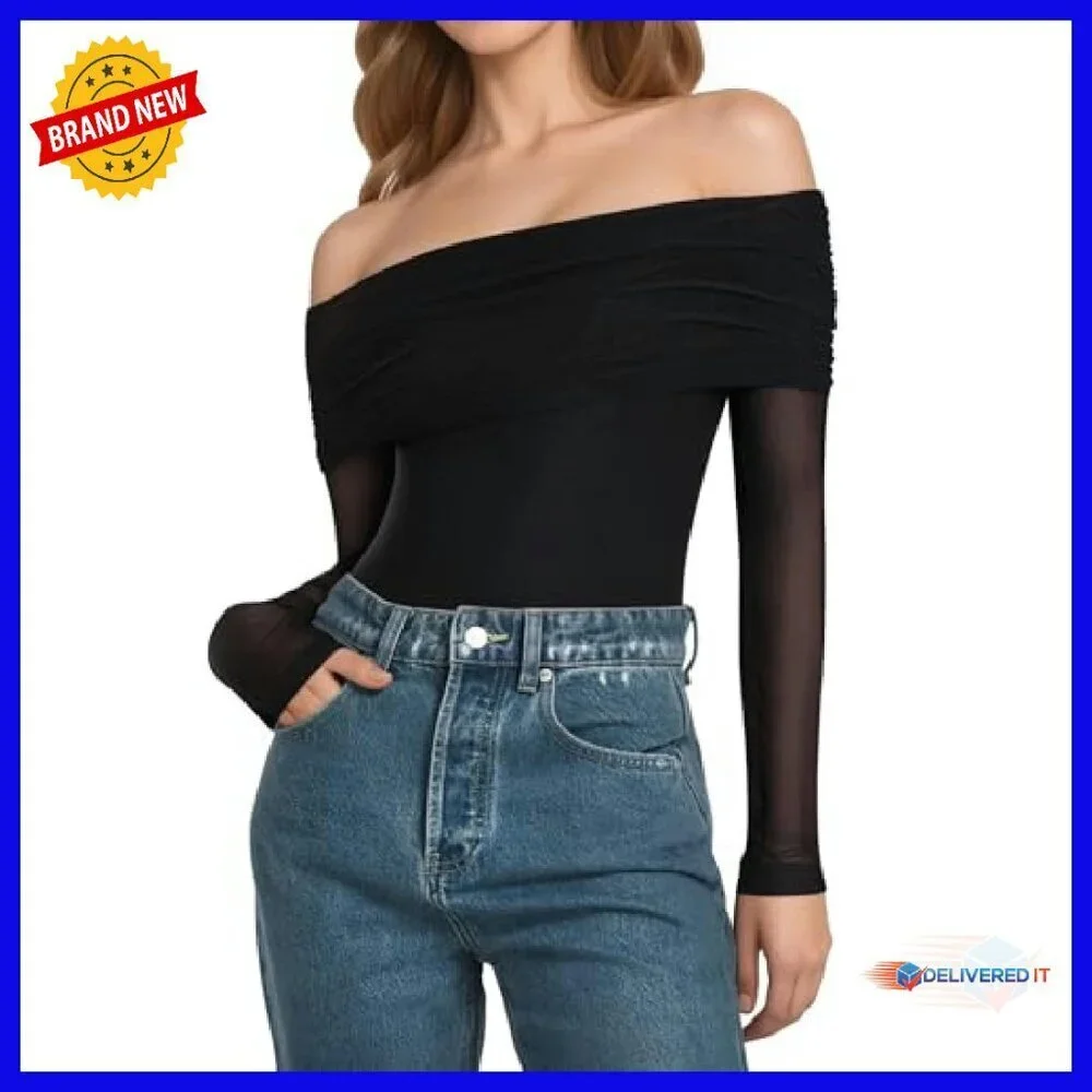 Sheer Mesh Off Shoulder Bodysuit Long Sleeve Backless Double Lined